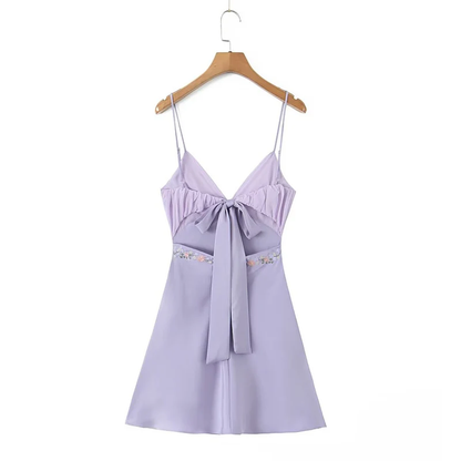 Purple A Line Spaghetti Straps Floral Embroidery Satin Mini Dress Homecoming Dress DP1357