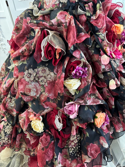 Vintage Black-Red Ball Gown Strapless 3D Floral Layered Organza Prom Dress Sweet 16 Dress DP5665