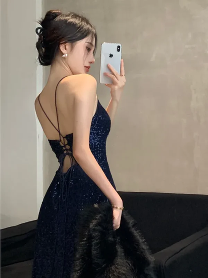 Shiny Navy Blue A Line Suspender Waist Slim Fit Sequin Maxi Prom Dress with Slit DP4837