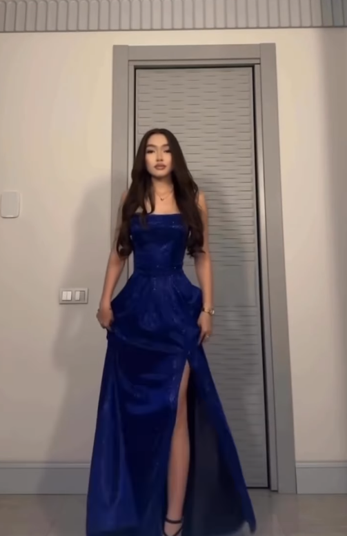 Royal Blue A Line Spaghetti Strap Sequin Prom Dress Evening Dress with Slit DP3859