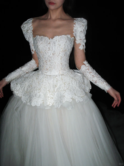 White Ball Gown Square Neck Exquisite Lace Tulle Long Wedding Dress DP8107