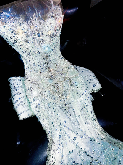 Shiny Mermaid Sequin Tulle Long Sweep Prom Dress Evening Dress with Bow DP2692