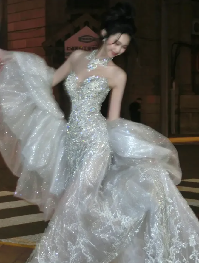 Elegant Mermaid Sweetheart Neck Sequin Beaded White Tulle Long Prom Dress Wedding Dress DP4649