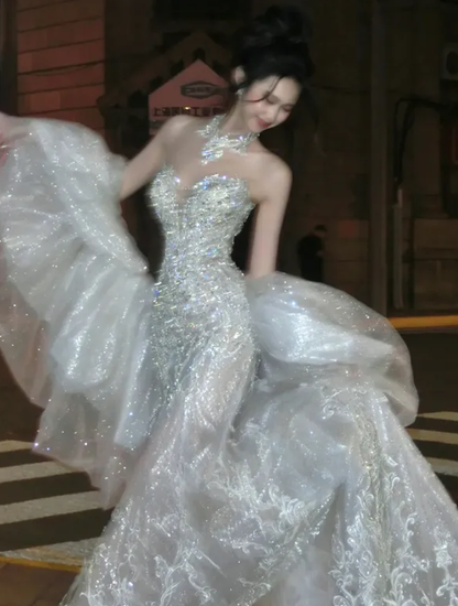 Elegant Mermaid Sweetheart Neck Sequin Beaded White Tulle Long Prom Dress Wedding Dress DP4649