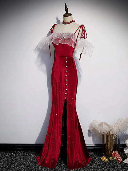 Red Mermaid Beading Long Prom Dress, Velvet Slit Evening Dress DP065