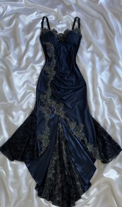 Vintage Navy Blue Mermaid Straps Appliques Lace Satin Prom Dress DP5071