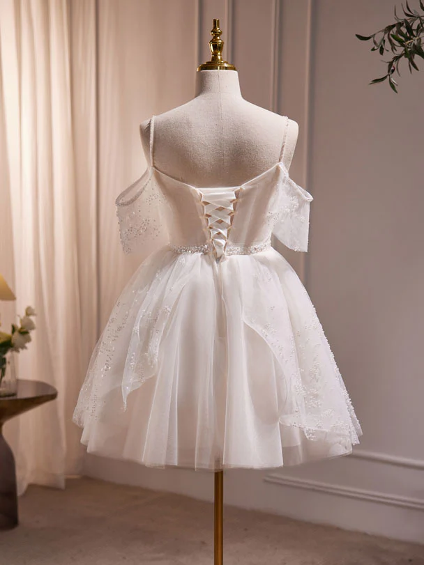 Beautiful Tulle Beading White Homecoming Dress Short Prom Dress DP051