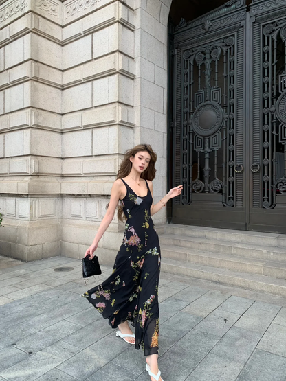 Charming A Line Spaghetti Strap Print Floral Black Chiffon Prom Dress Outfits DP4000