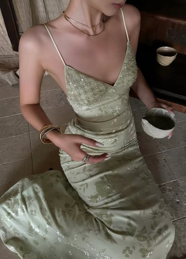 Sage Green Sheath Spaghetti Strap Beaded Print Satin Backless Prom Dress Evening Dress DP7935