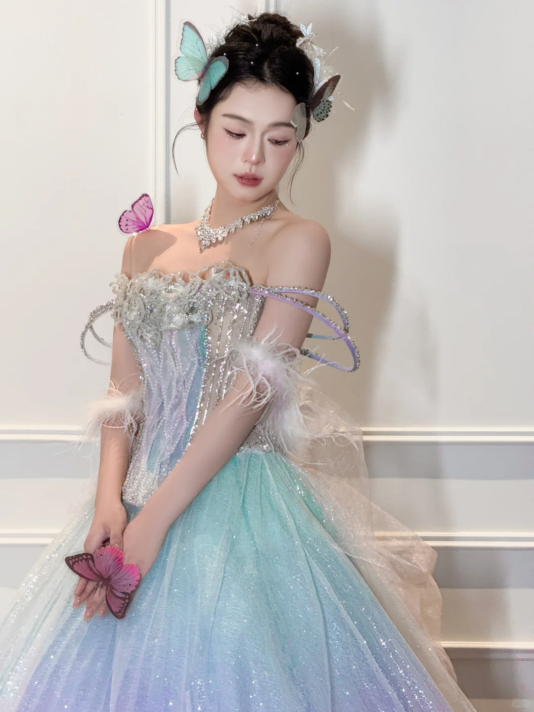 Dreamy Multi-Color Ball Gown Off the Shoulder Sequin Tulle Prom Dress DP4292