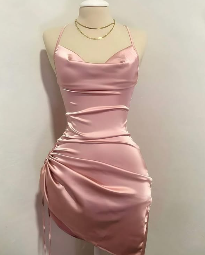 Sexy Black Sheath Spaghetti Strap Pleated Satin Mini Homecoming Dress Cocktail Dress DP3858