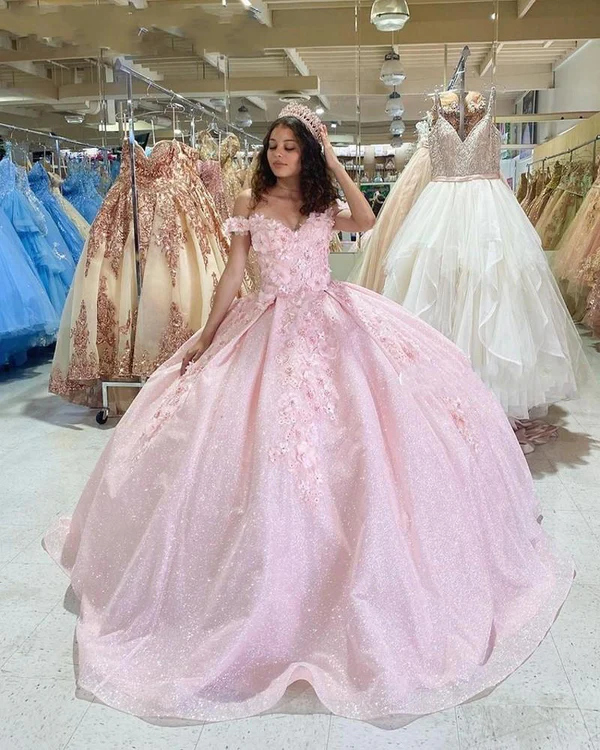 Pink Princess Off Shoulder Long Formal Prom Dress Flowers Appliques Quinceanera Dress Ball Gown DP698