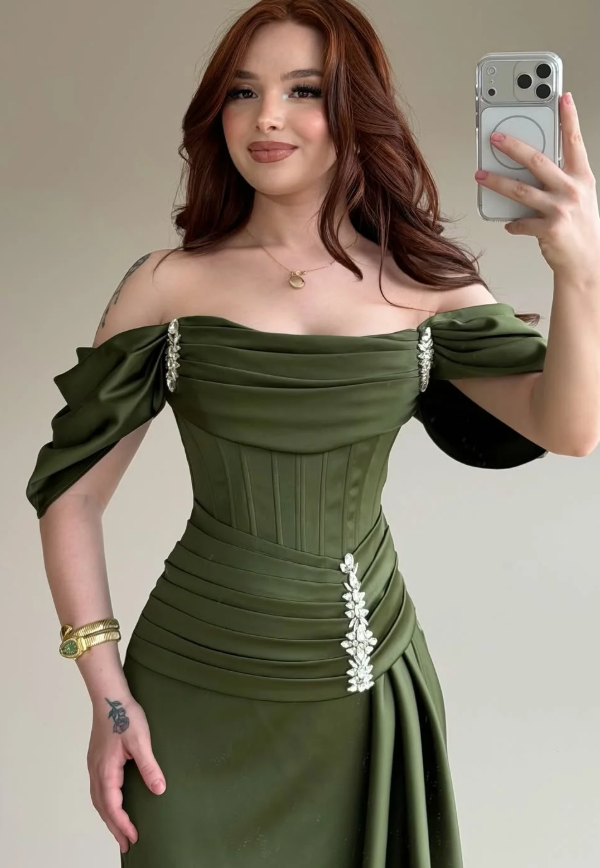 Elegant Olive Green A Line Off the Shoulder Satin Prom Dress Date Dress DP5089