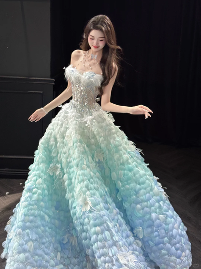 Stunning Ball Gown Strapless Blue Green Ombre Feather Tulle Prom Dress 16th Birthday Dress DP4241