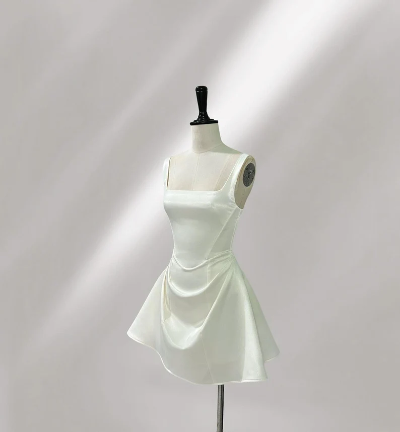 Simple Sequare Neck White Satin Homecoming Dress Bridesmaid Dress DP541