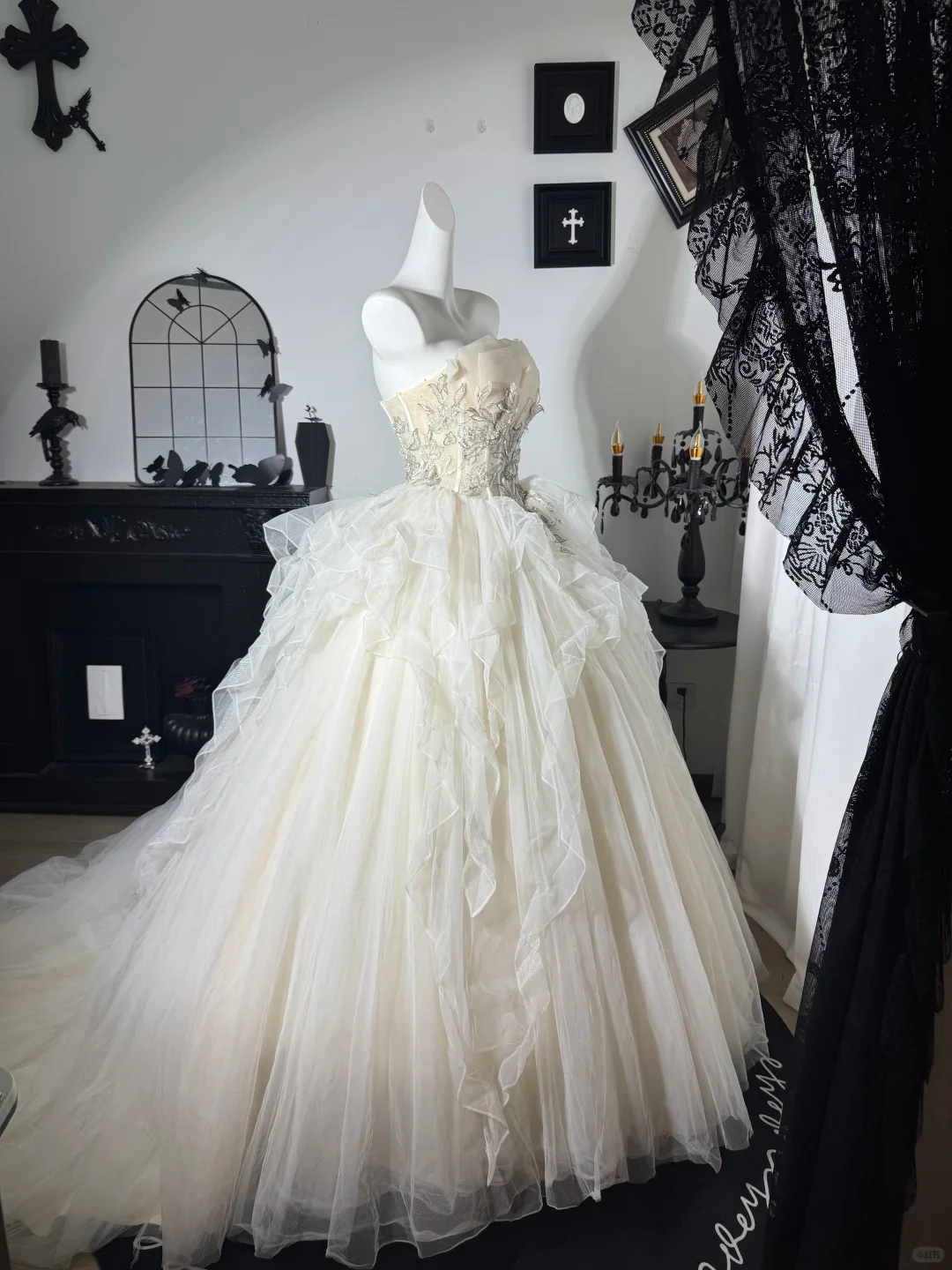 Apricot A Line Strapless Beaded Ruffle Tulle Prom Dress Evening Dress DP6983