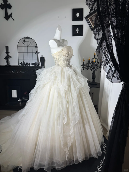 Apricot A Line Strapless Beaded Ruffle Tulle Prom Dress Evening Dress DP6983