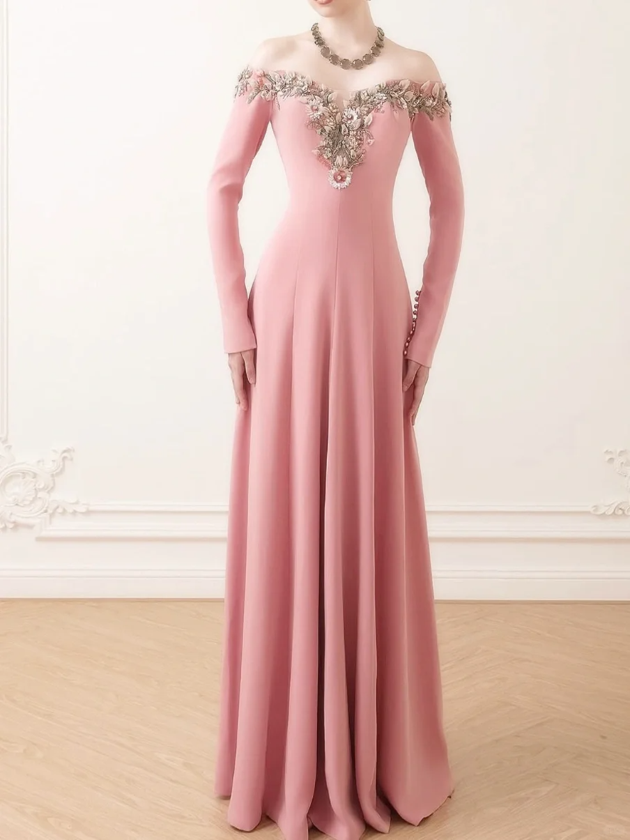 Vintage Pink A Line Long Sleeve Beaded Satin Long Prom Dress Wedding Guest Dress DP4546