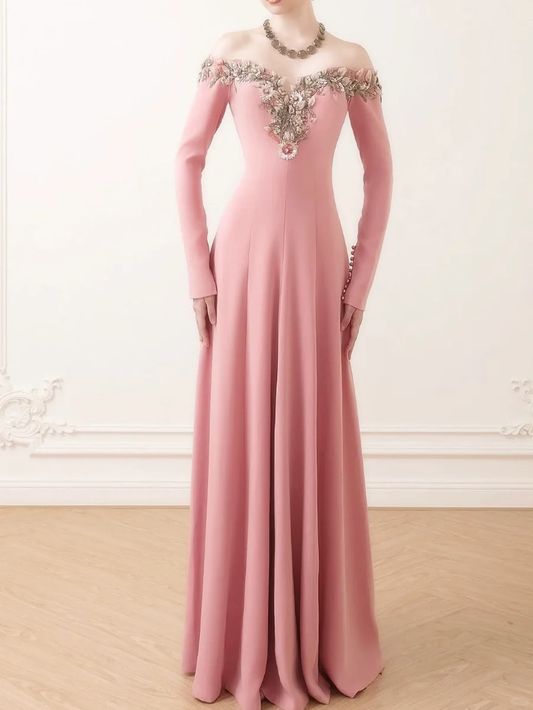 Vintage Pink A Line Long Sleeve Beaded Satin Long Prom Dress Wedding Guest Dress DP4546