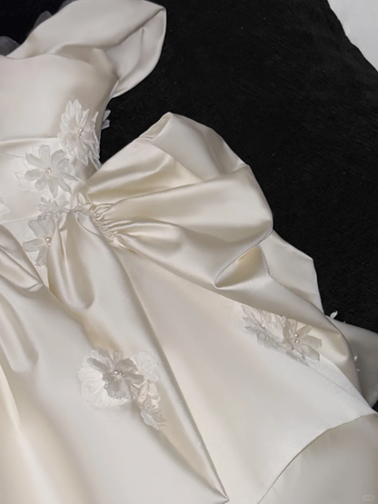 Cute A Line Off the Shoulder Appliques White Satin Long Prom Dress Wedding Dress DP2575
