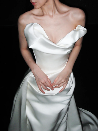 High-class Unique A Line Strapless White Satin Long Wedding Dress DP6377