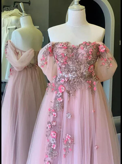 Pink Off The Shoulder Tulle Applique Long Prom Dress Fairy Evening Dress DP098