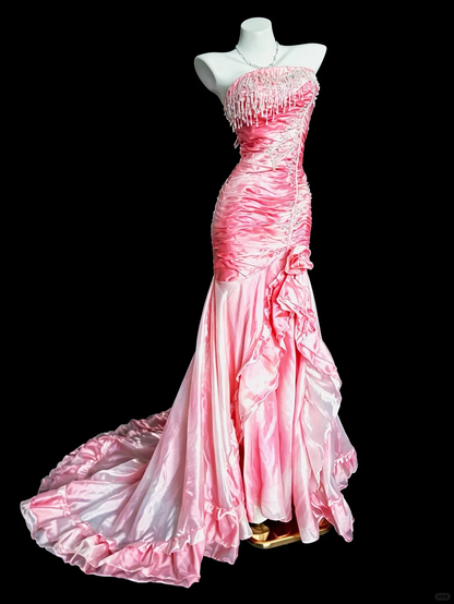Vintage Pink Ombre Mermaid Strapless Beading Satin Prom Dress Party Evening Dress DP5348