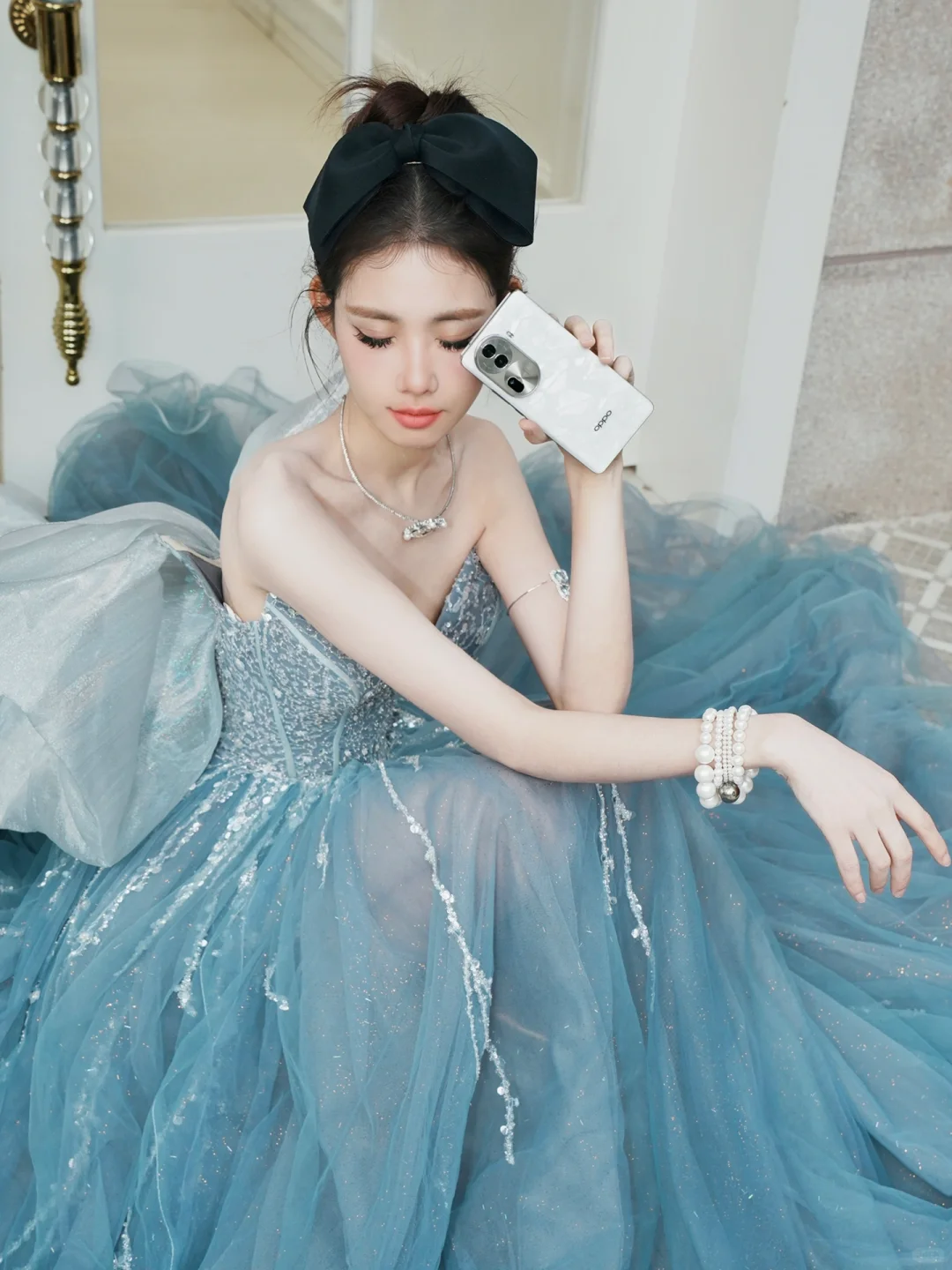 Dreamy A Line Sweetheart Neck Sequin Blue Tulle Long Party Dress Evening Dress with Bow DP2550