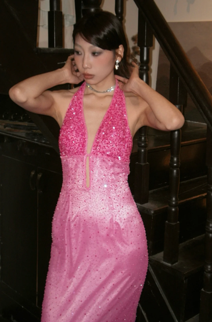 Gorgeous A Line Halter V Neck Beaded Pink Satin Party Dress Evening Dress DP2446