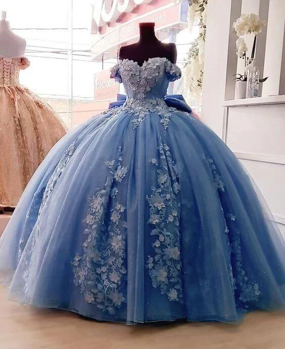 Sweetheart Tulle Applique Quinceanera Dress Blue Off Shoulder Long Prom Dress Bal Gown DP232