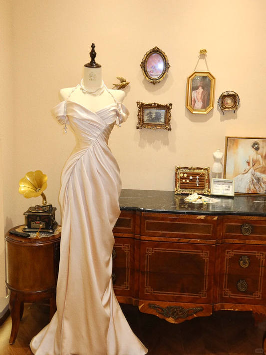 Elegant Mermaid Off the Shoulder Pearl Pleated Satin Prom Dress 21th Birthday Dress DP3917