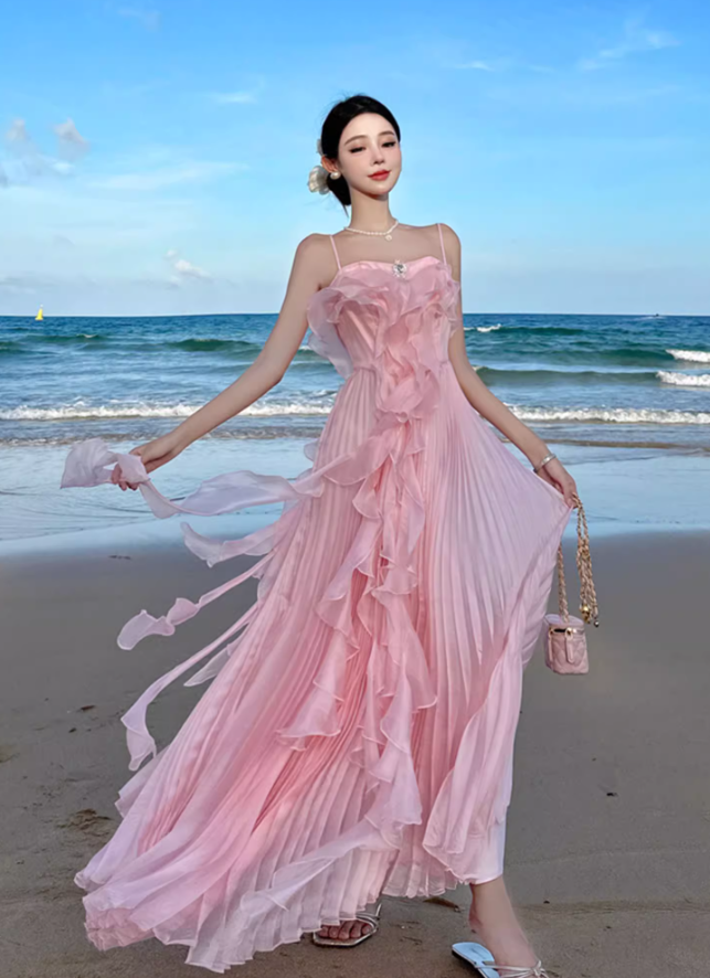 Pink A Line Spaghetti Strap Pleated Ruffle Chiffon Long Beach Vacation Dress Outfits DP3402
