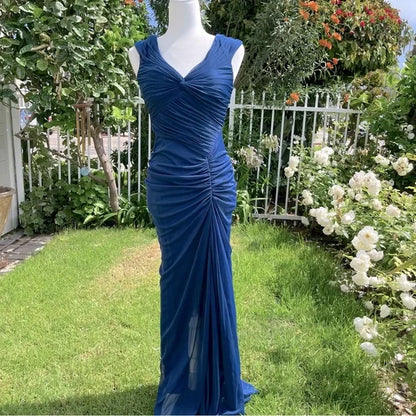 Vintage Fashion Mermaid V Neckline Navy Blue Floor Length Evening Dress Prom Dresses DP2374