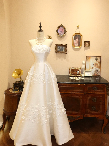 Elegant A Line Strapless Floral Ivory Satin Prom Dress Wedding Dress DP7044