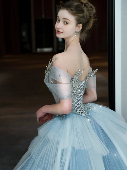 Blue Mermaid Off the Shoulder Exquisite Beaded Sequin Layered Tulle Long Prom Dress Evening Dress DP4685