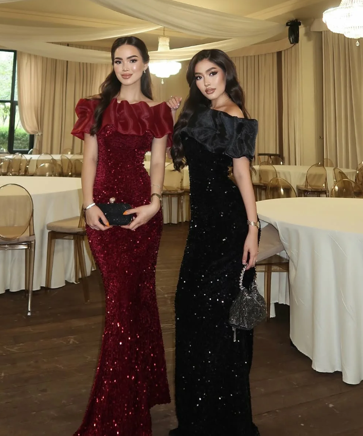 Shiny Burgundy Mermaid Off the Shoulder Sequin Long Prom Dress Evening Dress DP6936