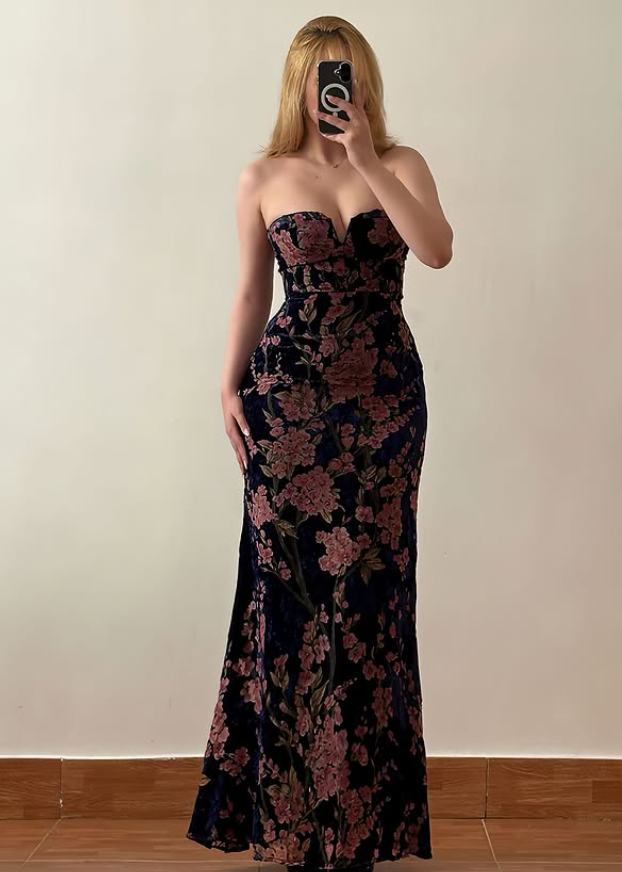 Vintage Sheath Sweetheart Neck Classic Printed Floral Velvet Prom Dress Evening Dress DP6432