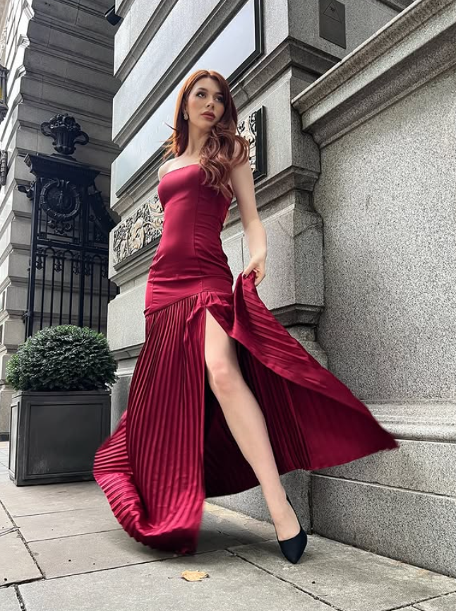 Burgundy Elegant Mermaid Strapless Pleated Satin Prom Dress Wedding Guest Dress with Slit DP4287