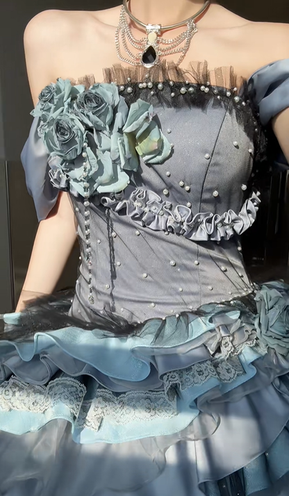 Grey Ball Gown Off the Shoulder Exquisite Beaded Layered Satin Prom Dress Graduation Ball Gown DP4580