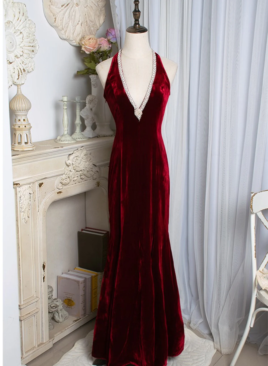 Charming Burgundy Mermaid Velvet Long Prom Dress Deep V Beaded Evening Dress DP298