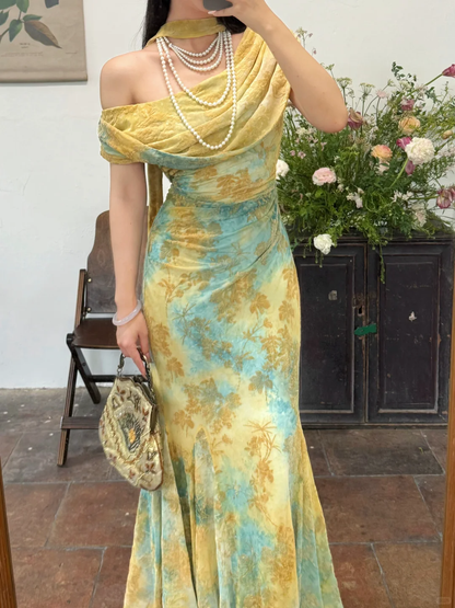 Unique Blue-green Ombre Mermaid Print Floral Chiffon Prom Dress Evening Dress DP6456