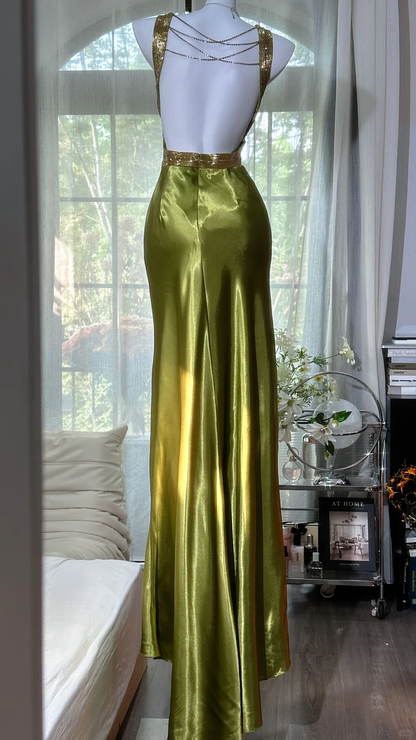 Vintage Sheath Straps Olive Green Beaded Satin Open Back Long Prom Dress DP4717