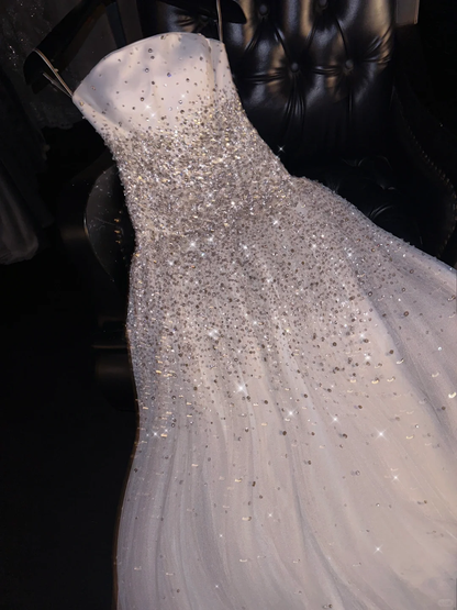 Stunning A Line Strapless Sequin White Tulle Long Prom Dress Evening Dress DP1957