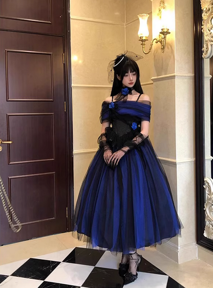 Blue Black Roses A Line Lace Tulle Lolita Goth Boning Dress Prom Dress DP4504