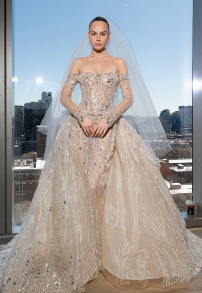Glamorous Ball Gown Long Sleeve Sequin Apricot Organza Long Train Wedding Dress DP5822