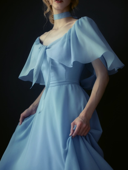 Flowy Chambray Blue A Line Long Sleeve Prom Dress Evening Dress Formal Dress DP3153