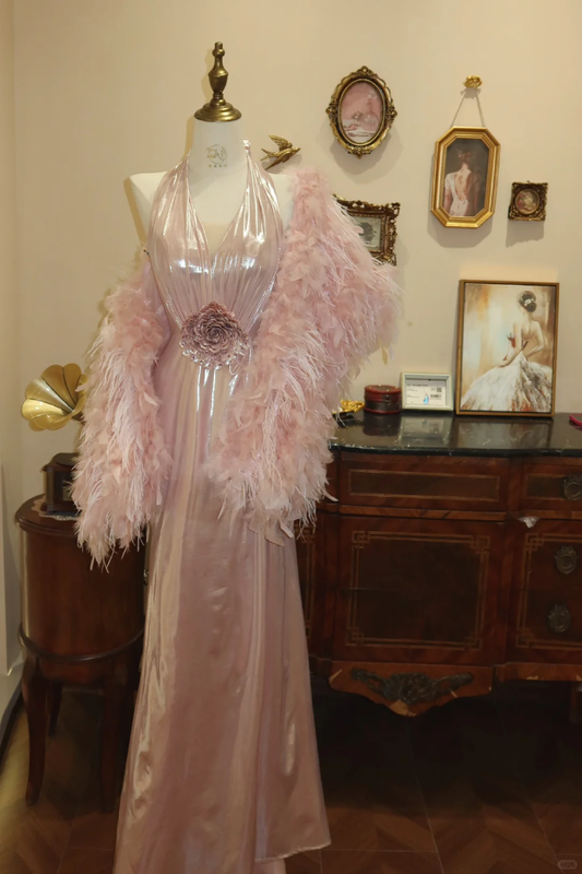 Shiny Pink A Line Halter Satin Open Back Prom Dress 16th Birthday Dress with Feather DP3911