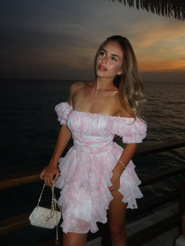 Pink Print Floral A Line Off the Shoulder Ruffle Chiffon Short Homecoming Dress Outfits DP3029