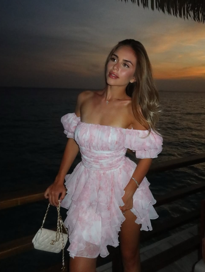 Pink Print Floral A Line Off the Shoulder Ruffle Chiffon Short Homecoming Dress Outfits DP3029