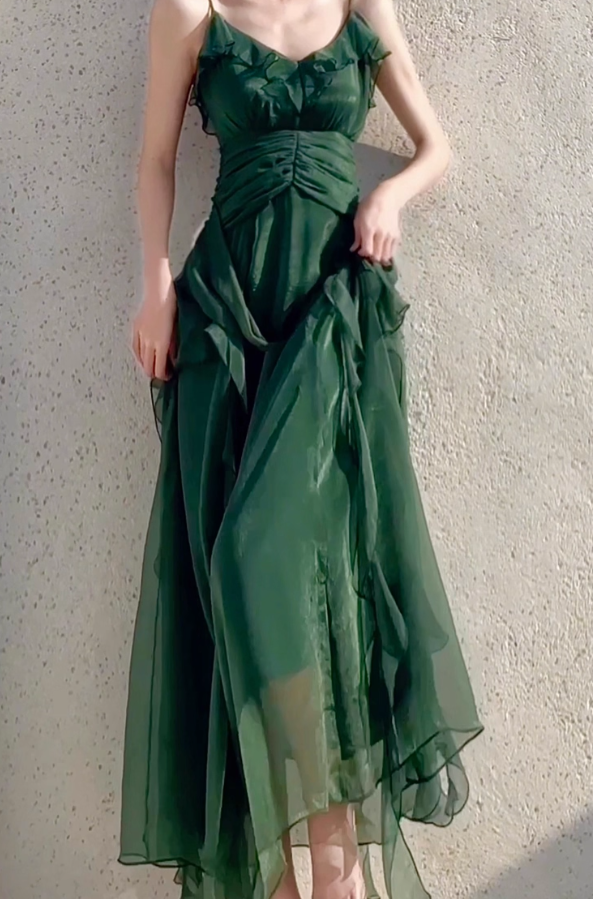 Flowy Dark Green Spaghetti Strap Ruffle Chiffon Prom Dress Evening Dress DP3562